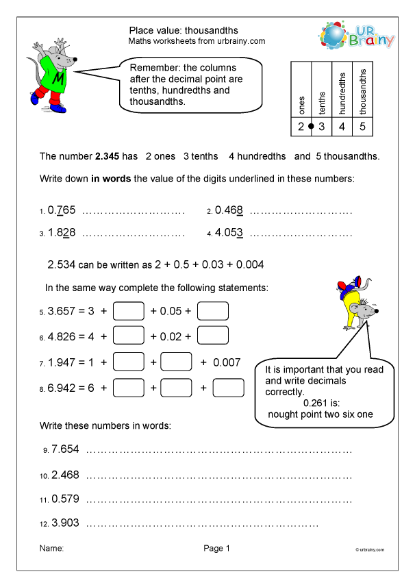 Place value: thousandths - Number and Place Value by URBrainy.com