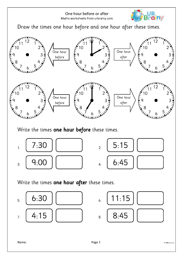 One hour before and after (1) - Time worksheets for Year 1 (age 5-6) by  URBrainy.com