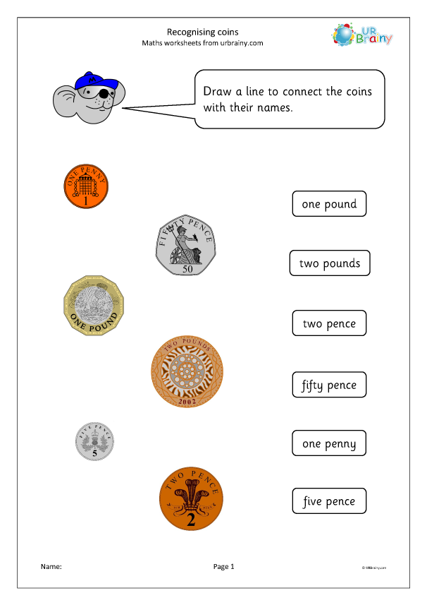 Recognising Coins Money Maths Worksheets For Year 1 age 5 6 By
