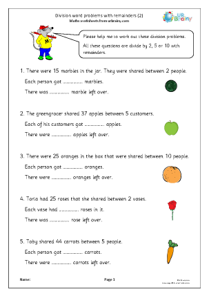 Division word problems with remainders (2) - Division Maths Worksheets for  Year 2 (age 6-7) by URBrainy.com