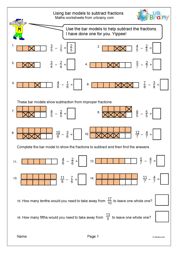 Using bar models to subtract fractions - Fraction and Decimal Worksheets  for Year 4 (age 8-9) by URBrainy.com