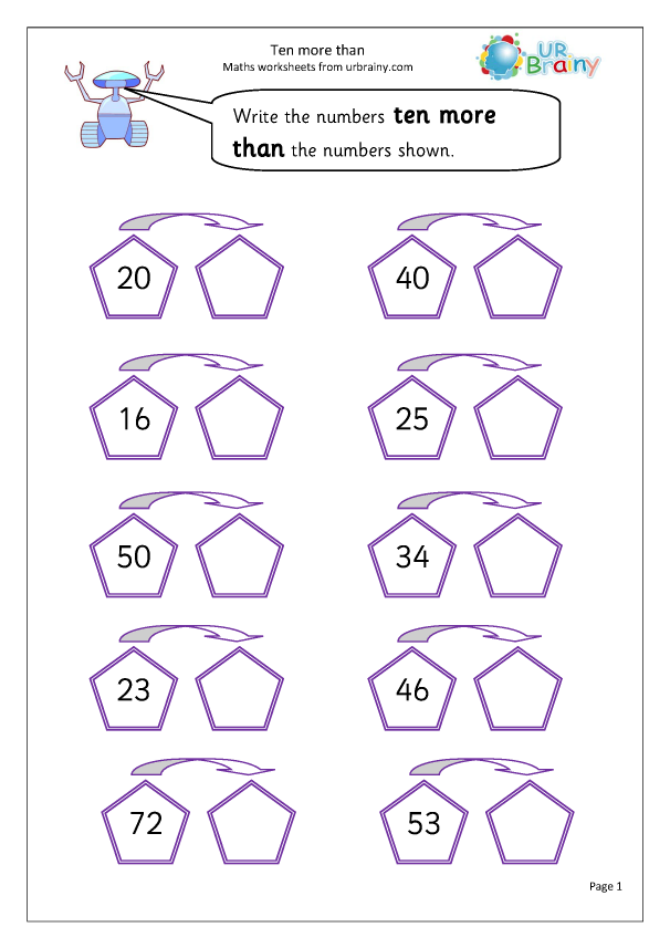 Ten More Than More Than Or Less Than Maths Worksheets For Year 1 age