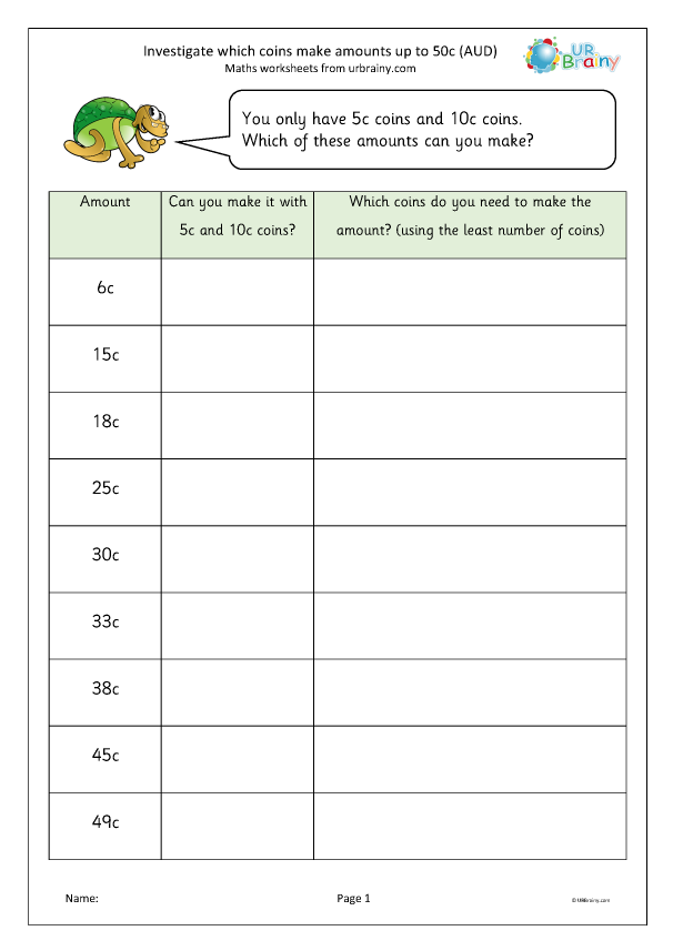 Preview of 'Investigate which coins make amounts up to 50c (AUD)'