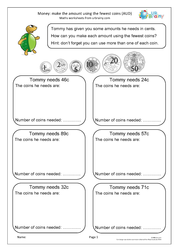 Preview of 'Money: make amounts using fewest coins (AUD)'